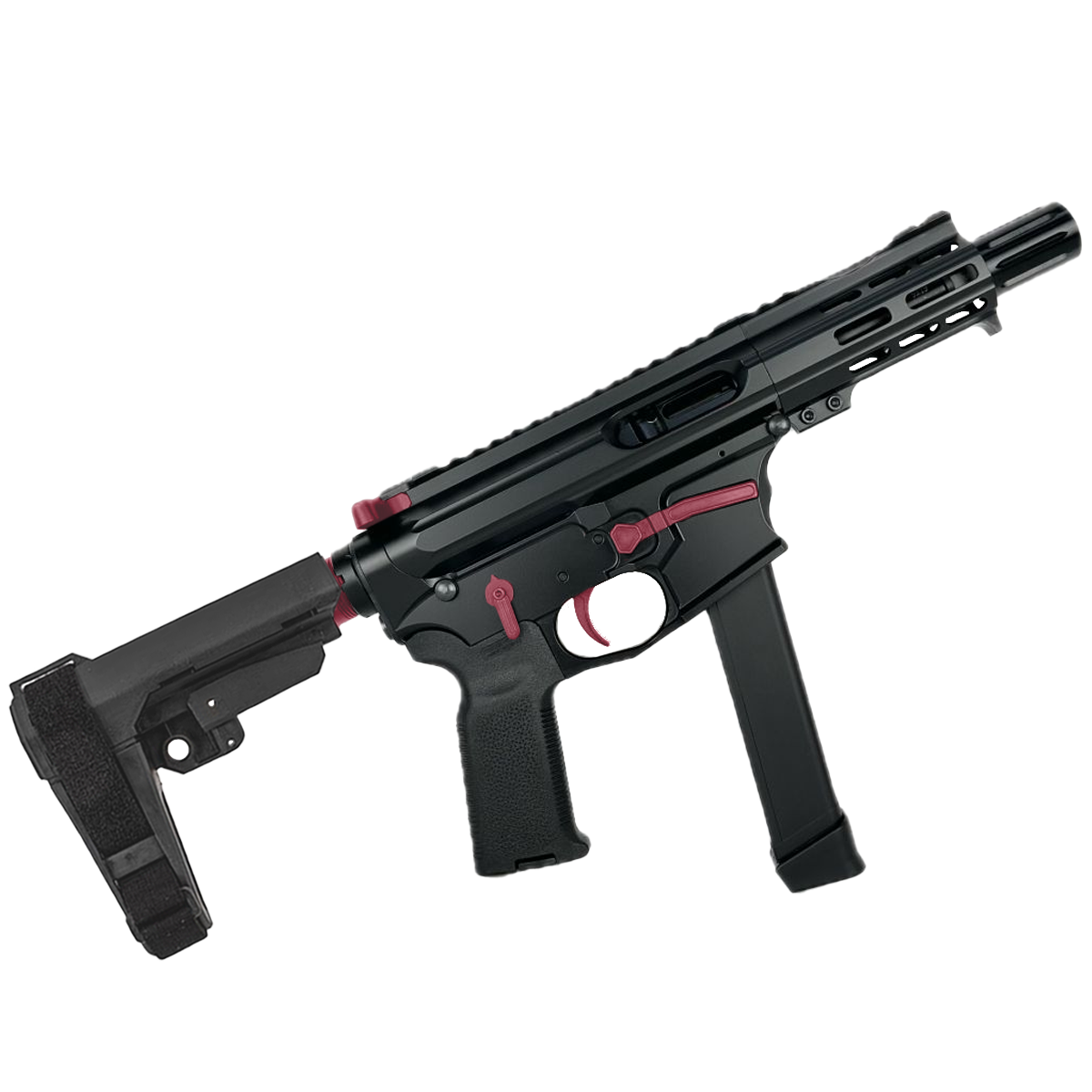 American Built Custom Slick Side Two-Tone AR-9 Pistol 4" Barrel MLOK Handguard - Black and Cranberry Frost