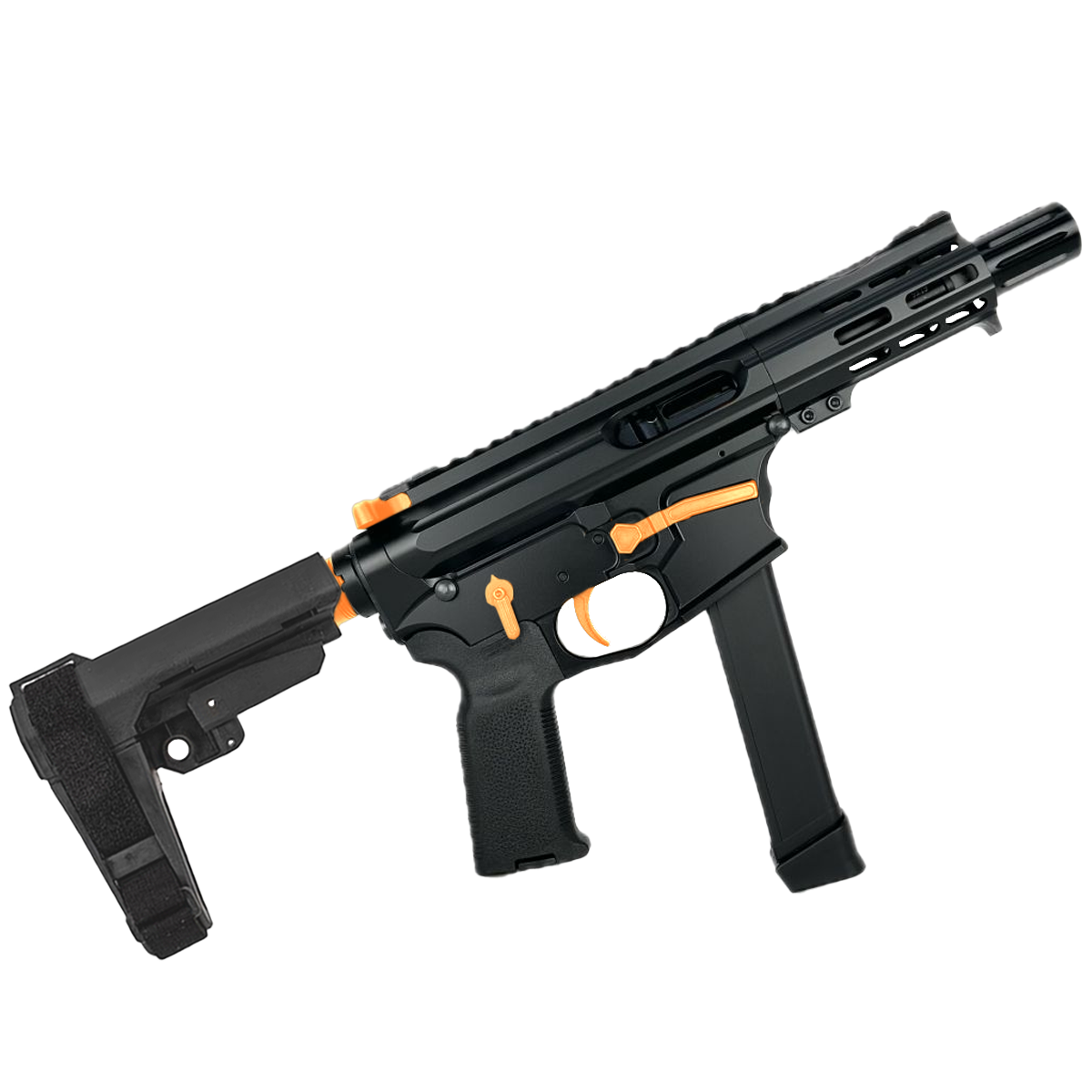 American Built Custom Slick Side Two-Tone AR-9 Pistol 4" Barrel MLOK Handguard - Black and Tequila Sunrise Orange