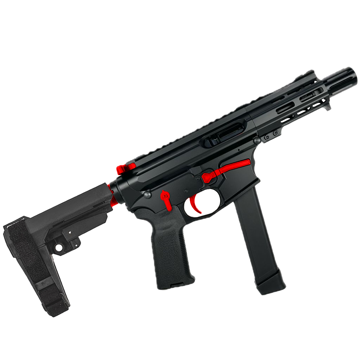 American Built Custom Slick Side Two-Tone AR-9 Pistol 4" Barrel MLOK Handguard - Black and Red