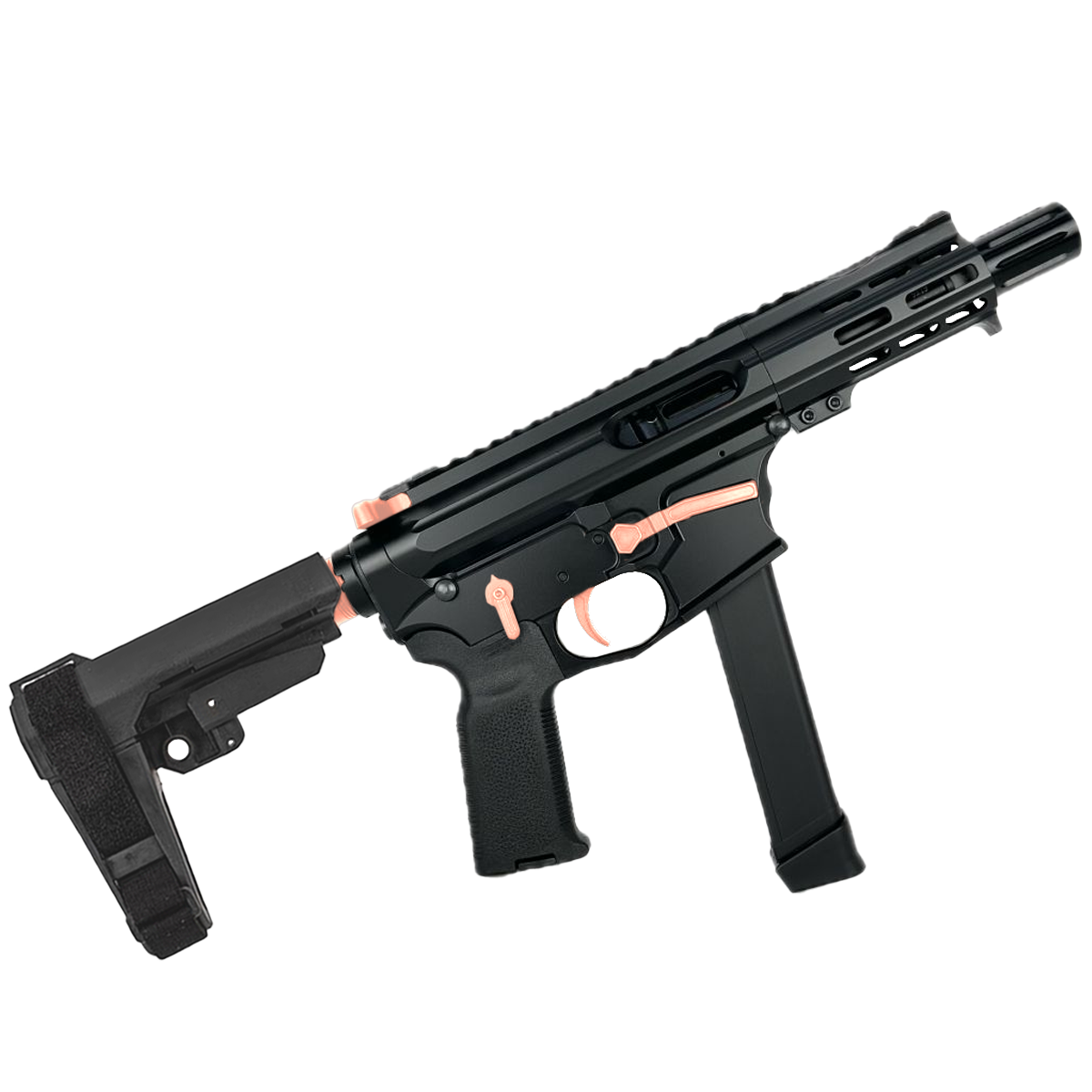 American Built Custom Slick Side Two-Tone AR-9 Pistol 4" Barrel MLOK Handguard - Black and Rose Gold