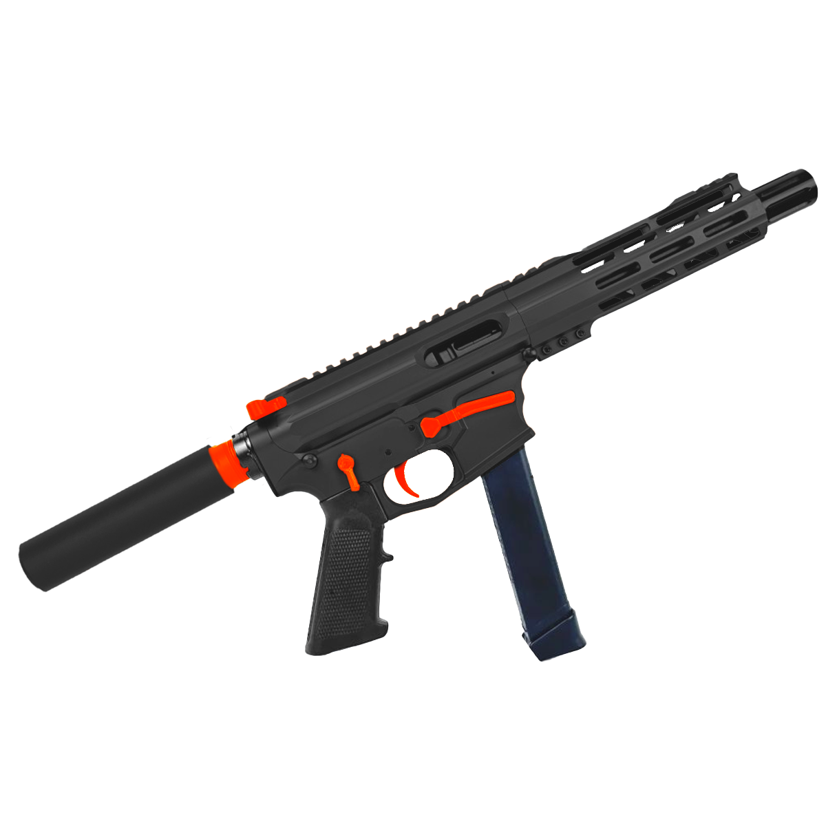 American Built Custom Two-Tone Slick Side AR-9 Pistol 7" Barrel MLOK Handguard - Black and Hunter Orange