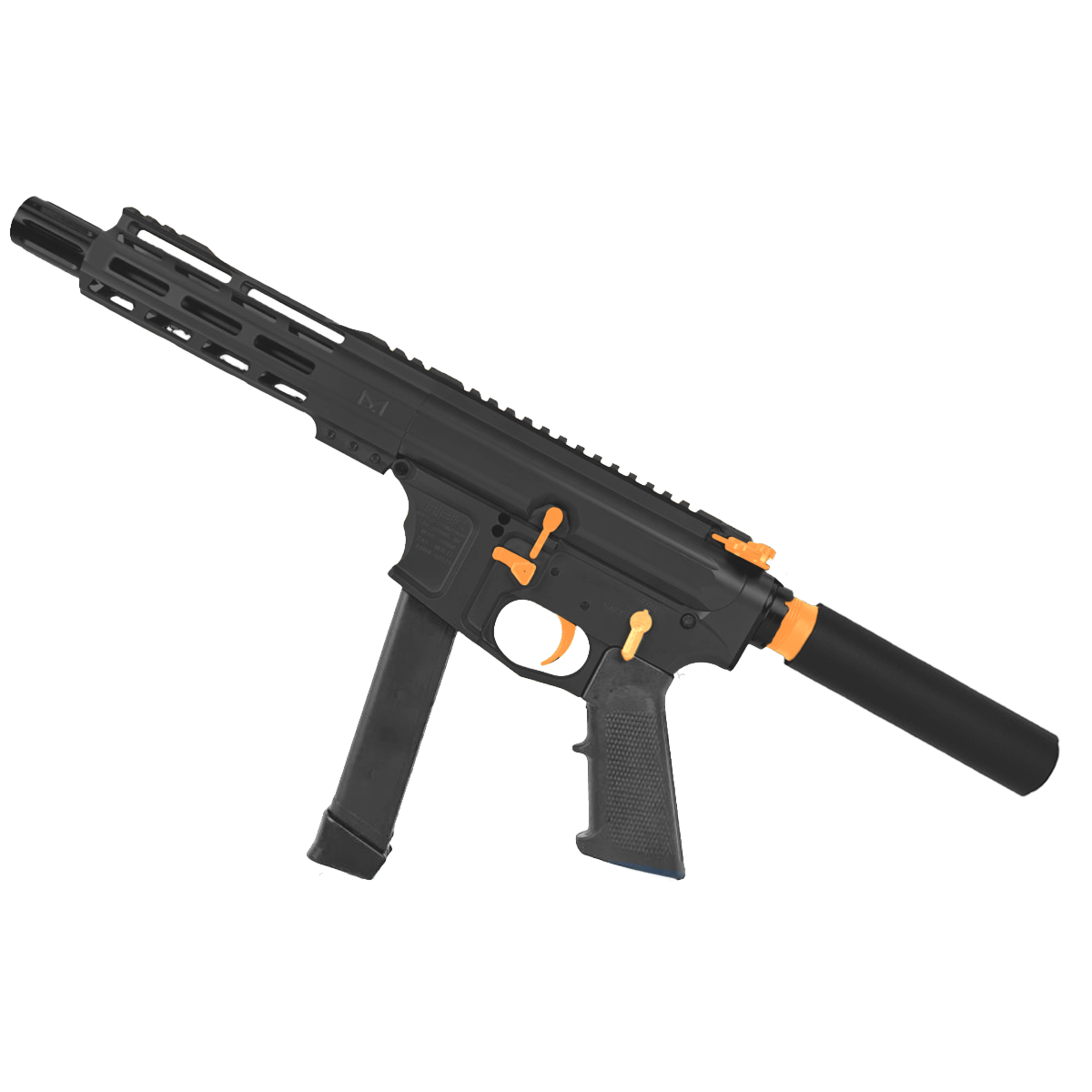American Built Custom Two-Tone Slick Side AR-9 Pistol 7" Barrel MLOK Handguard - Black and Tequila Sunrise Orange