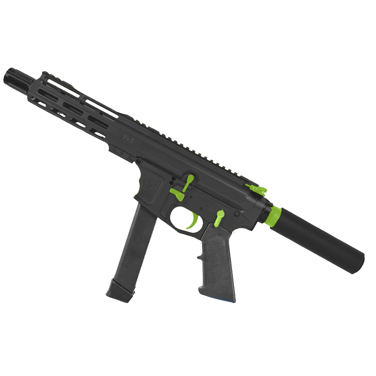 American Built Custom Two-Tone Slick Side AR-9 Pistol 7" Barrel MLOK Handguard - Black and Zombie Green