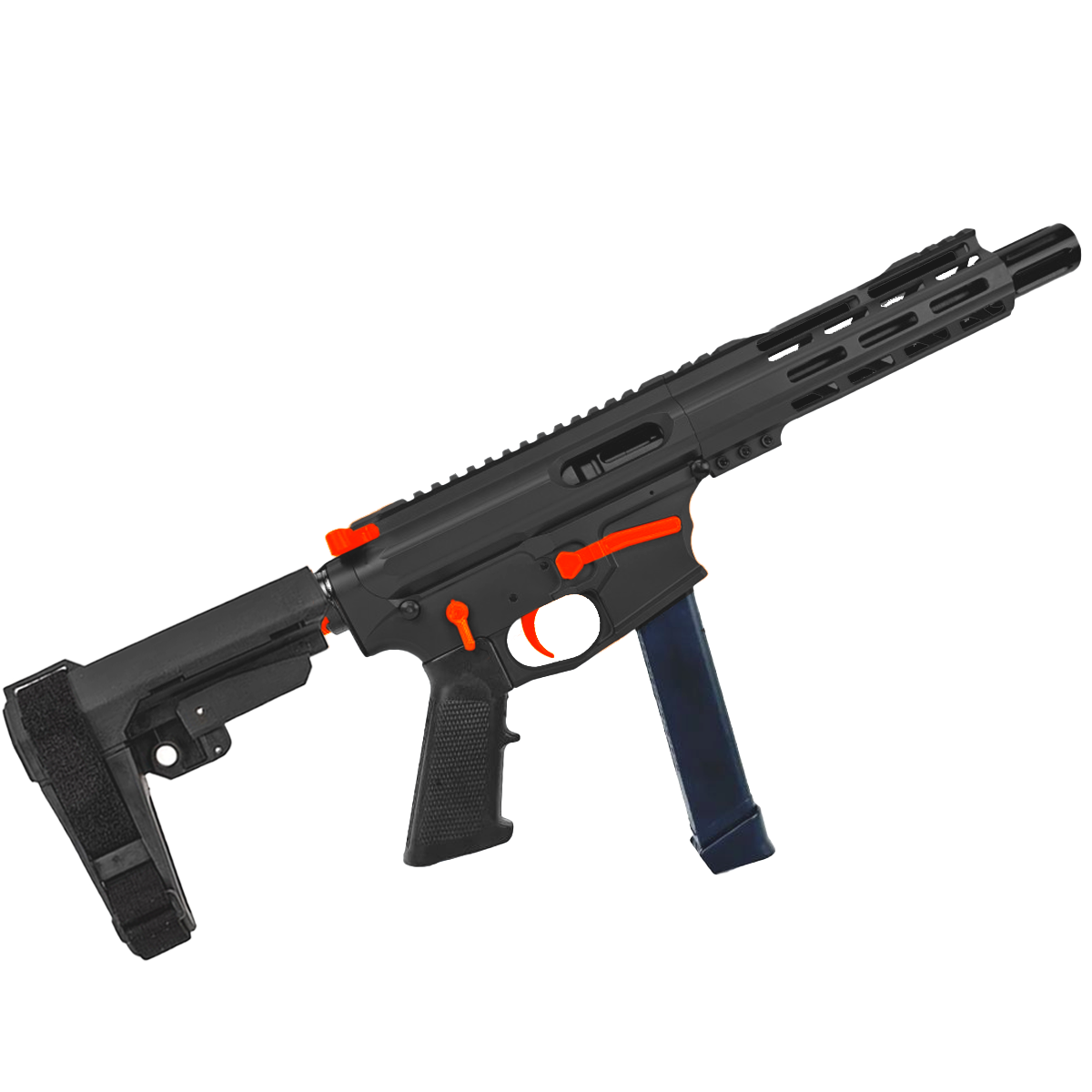 American Built Custom Two-Tone Slick Side AR-9 Pistol 7" Barrel MLOK Handguard - Black and Hunter Orange