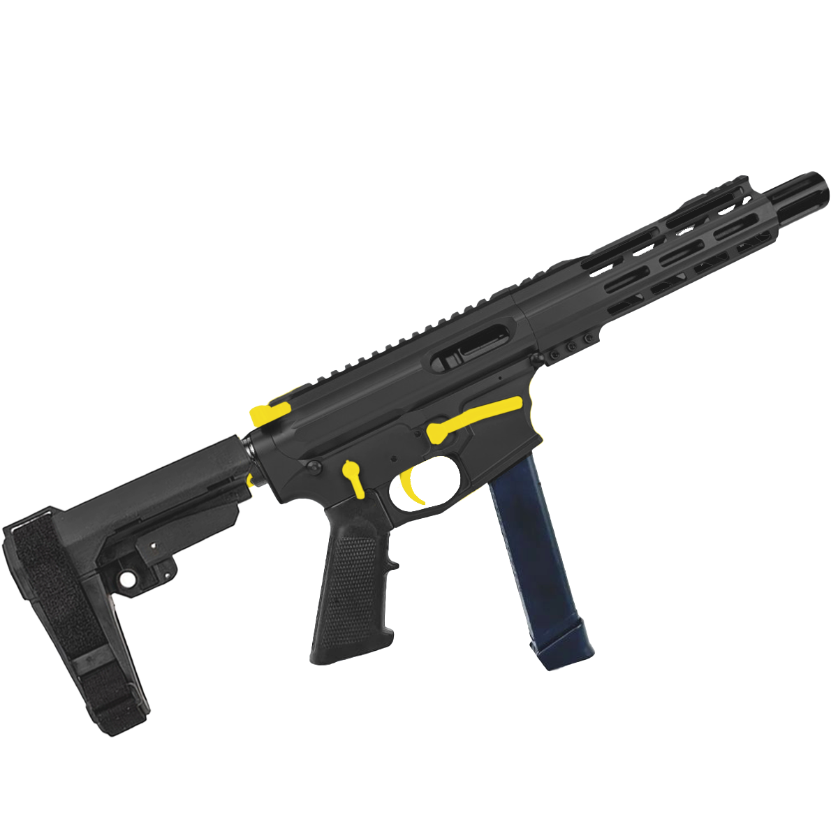 American Built Custom Two-Tone Slick Side AR-9 Pistol 7" Barrel MLOK Handguard - Black and Lemon Zest