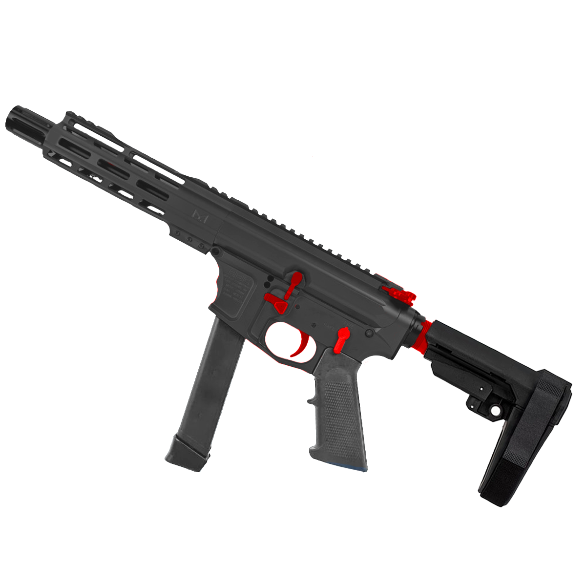 American Built Custom Two-Tone Slick Side AR-9 Pistol 7" Barrel MLOK Handguard - Black and Red