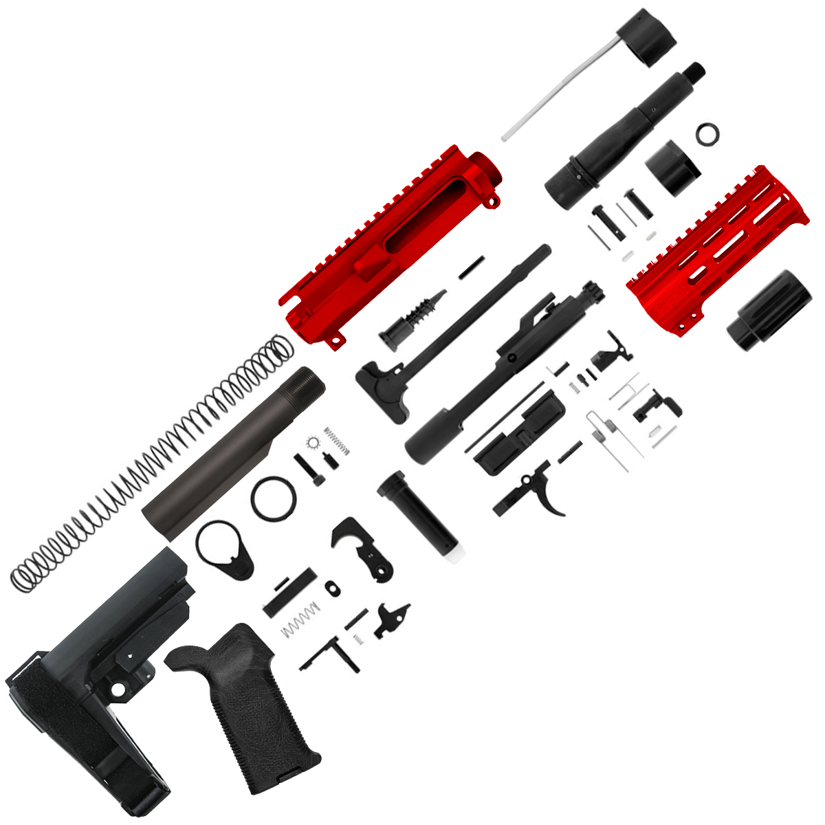 AR15 Billet Micro Pistol Build Kit .300 Blackout 5" Barrel 5" M-Lok Handguard - Red