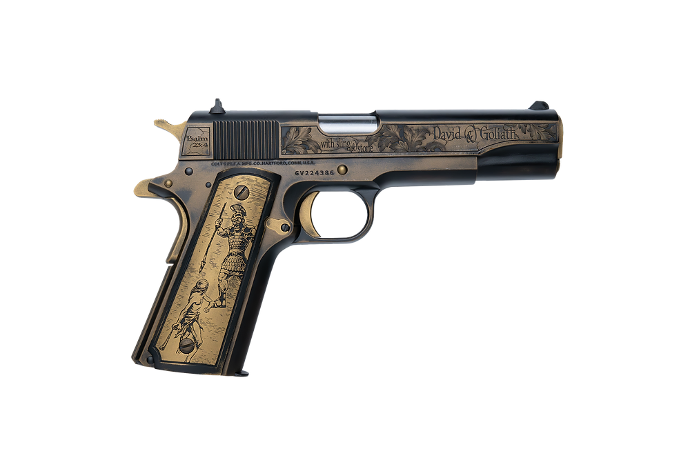 COLT DAVID AND GOLIATH CUSTOM ENGRAVED 1911 45ACP BATTLEWORN CERAKOTE ENGRAVED 1-200 MADE