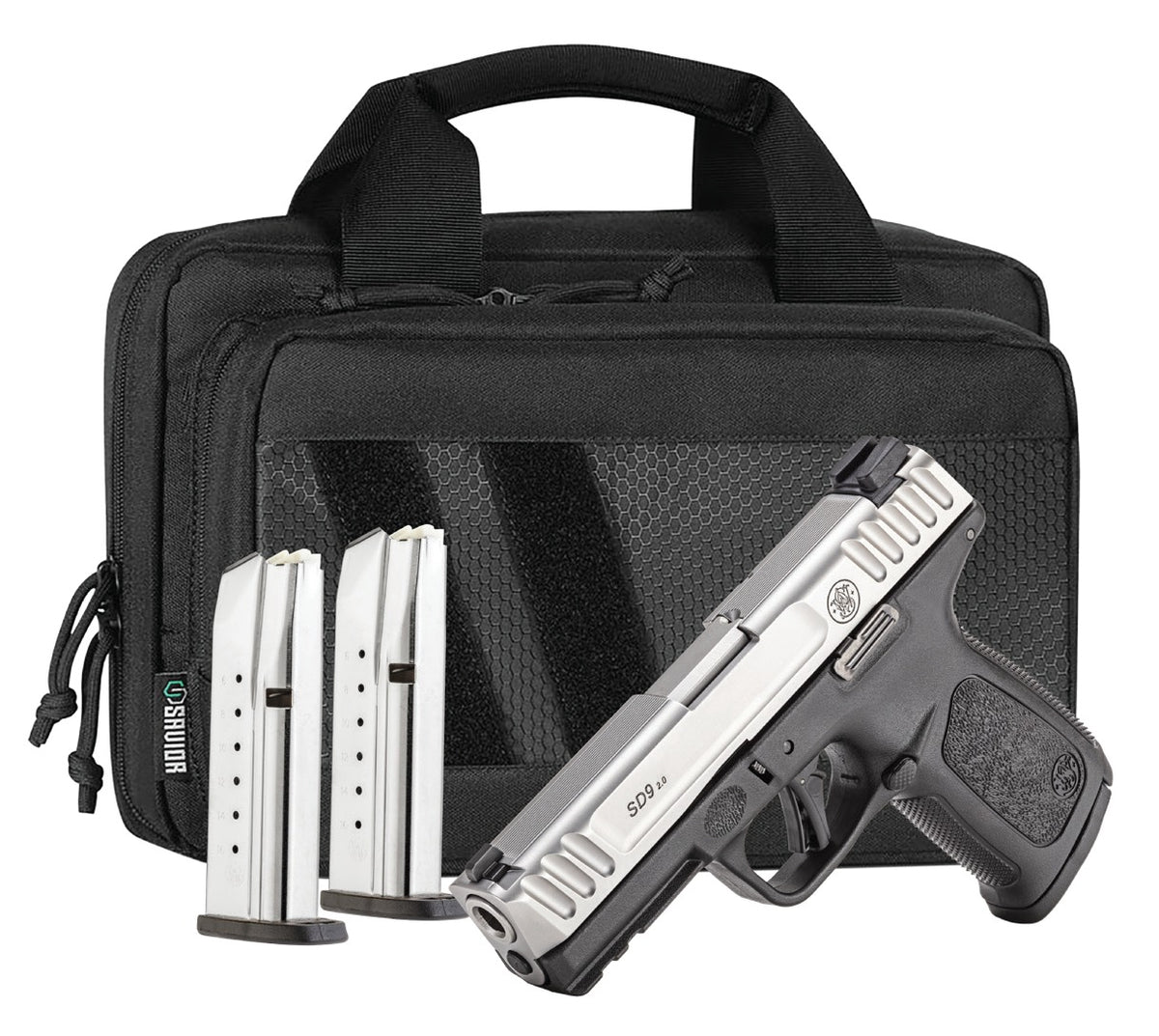 SMITH & WESSON SD9 2.0 BUNDLE 9MM PSTL NTS 2 TONE 4" SAVIOR BAG, 3-16RD