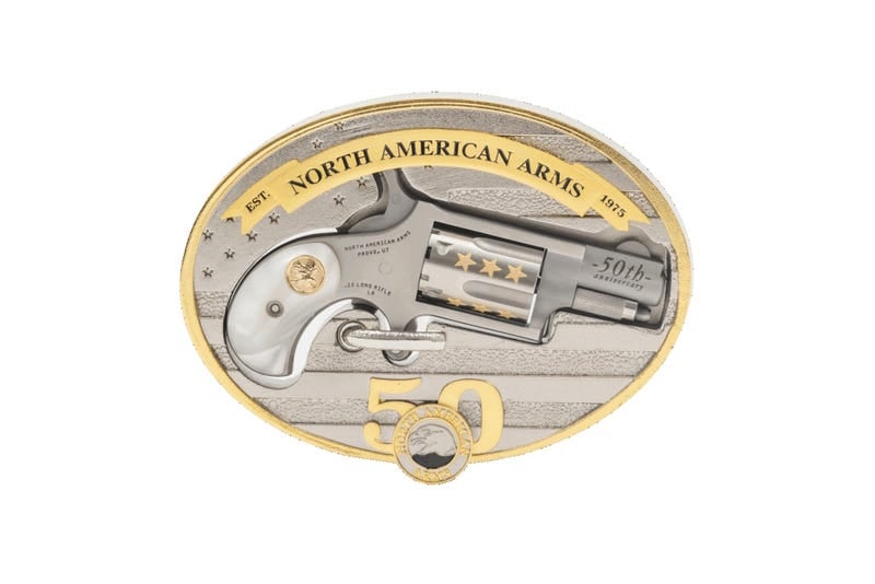 NAA 22LR 1.125" 22LR PISTOL 50TH ANNIVERSARY STAINLESS SILVER/GOLD W/ BELT BUCKLE