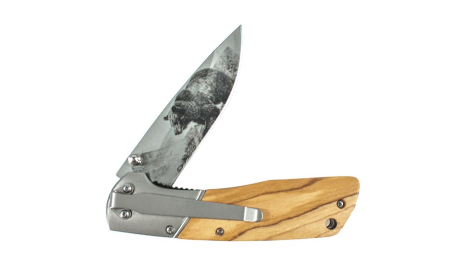 BCA Bear Scene Titanium Coated Folding Wooden Handle Hunting Knife