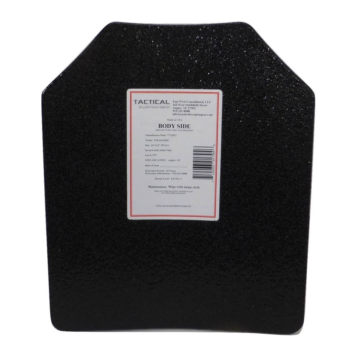 Tactical Scorpion Gear - Level III AR500 / Lightweight Level III+ Steel Body Armor 10" x 12" Plate