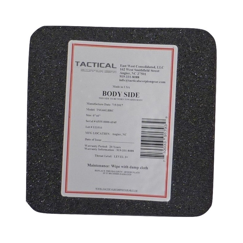 Tactical Scorpion Gear - Level III AR500 / Lightweight Level III+ Steel Body Armor 6" x 6" Plate