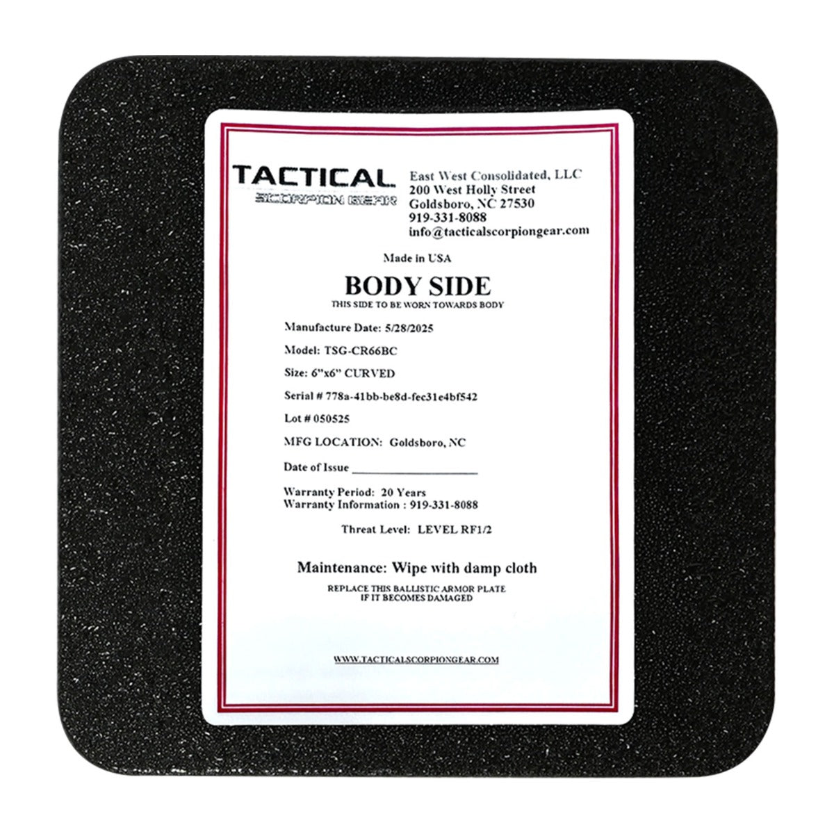 Tactical Scorpion Gear - Level III AR500 / Lightweight Level III+ Steel Body Armor 6" x 6" Plate