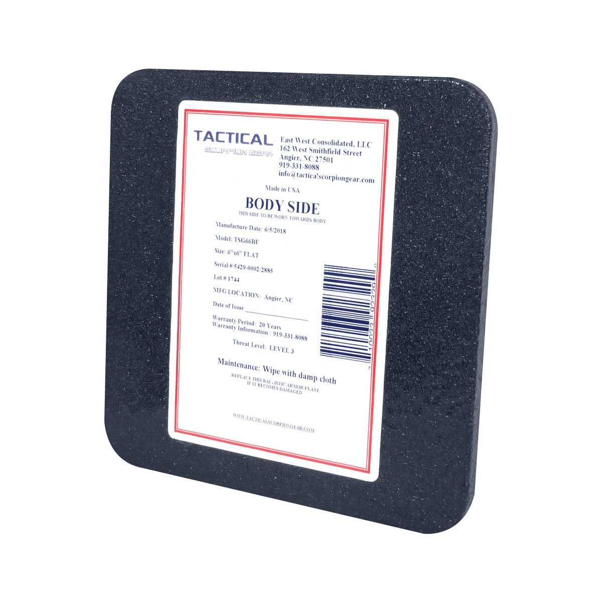Tactical Scorpion Gear - Level III AR500 / Lightweight Level III+ Steel Body Armor 6" x 6" Plate
