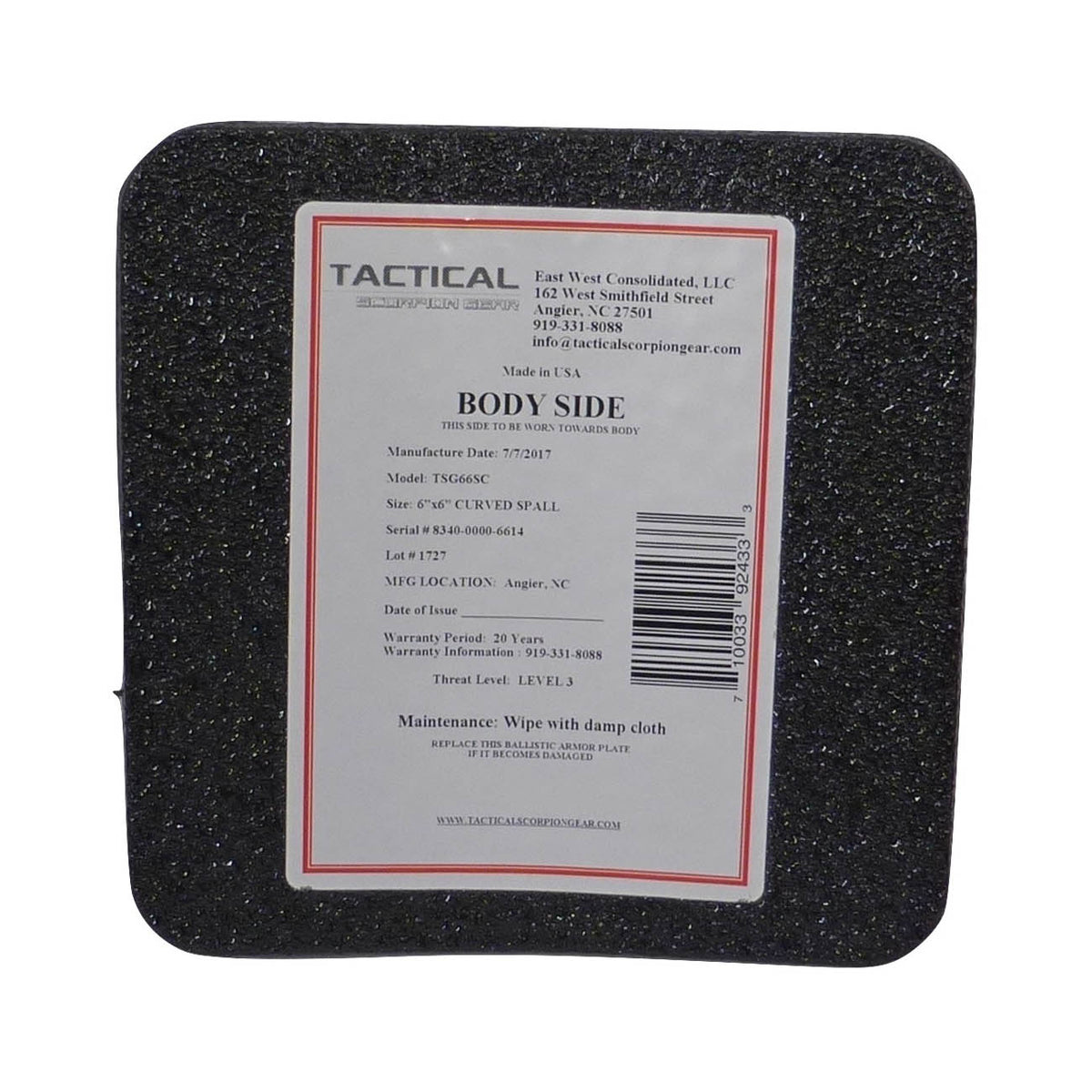 Tactical Scorpion Gear - Level III AR500 / Lightweight Level III+ Steel Body Armor 6" x 6" Plate