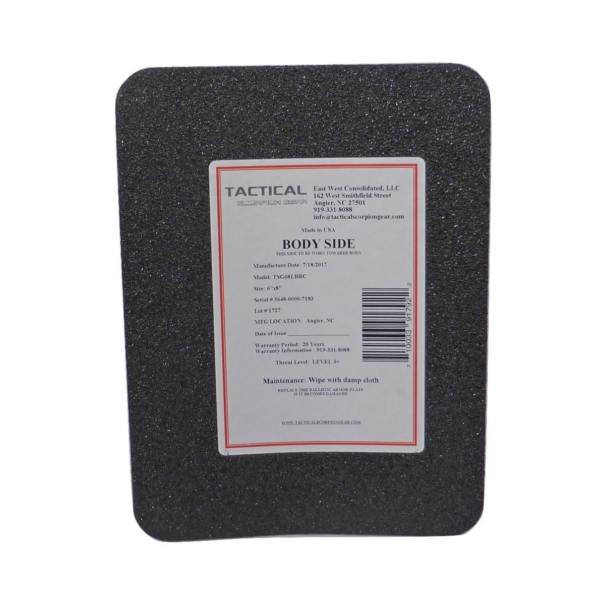 Tactical Scorpion Gear - Level III AR500 / Lightweight Level III+ Steel Body Armor 6" x 8" Plate
