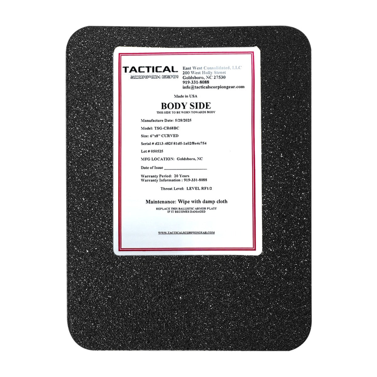 Tactical Scorpion Gear - Level III AR500 / Lightweight Level III+ Steel Body Armor 6" x 8" Plate