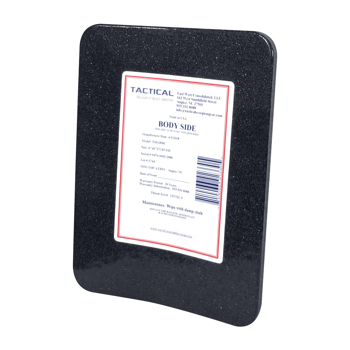 Tactical Scorpion Gear - Level III AR500 / Lightweight Level III+ Steel Body Armor 6" x 8" Plate