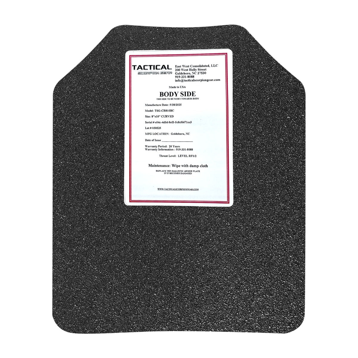 Tactical Scorpion Gear - Level III AR500 / Lightweight Level III+ Steel Body Armor 8" x 10" Plate