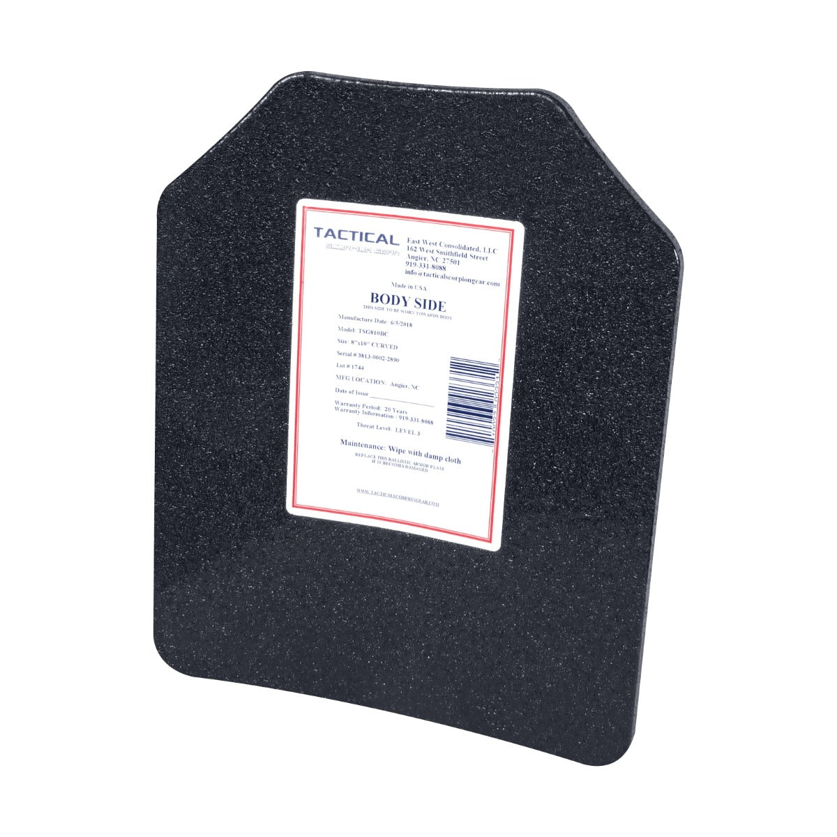 Tactical Scorpion Gear - Level III AR500 / Lightweight Level III+ Steel Body Armor 8" x 10" Plate