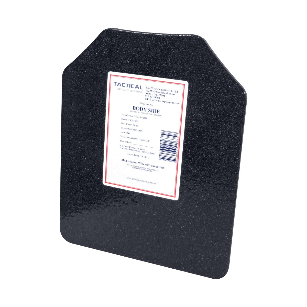 Tactical Scorpion Gear - Level III AR500 / Lightweight Level III+ Steel Body Armor 8" x 10" Plate