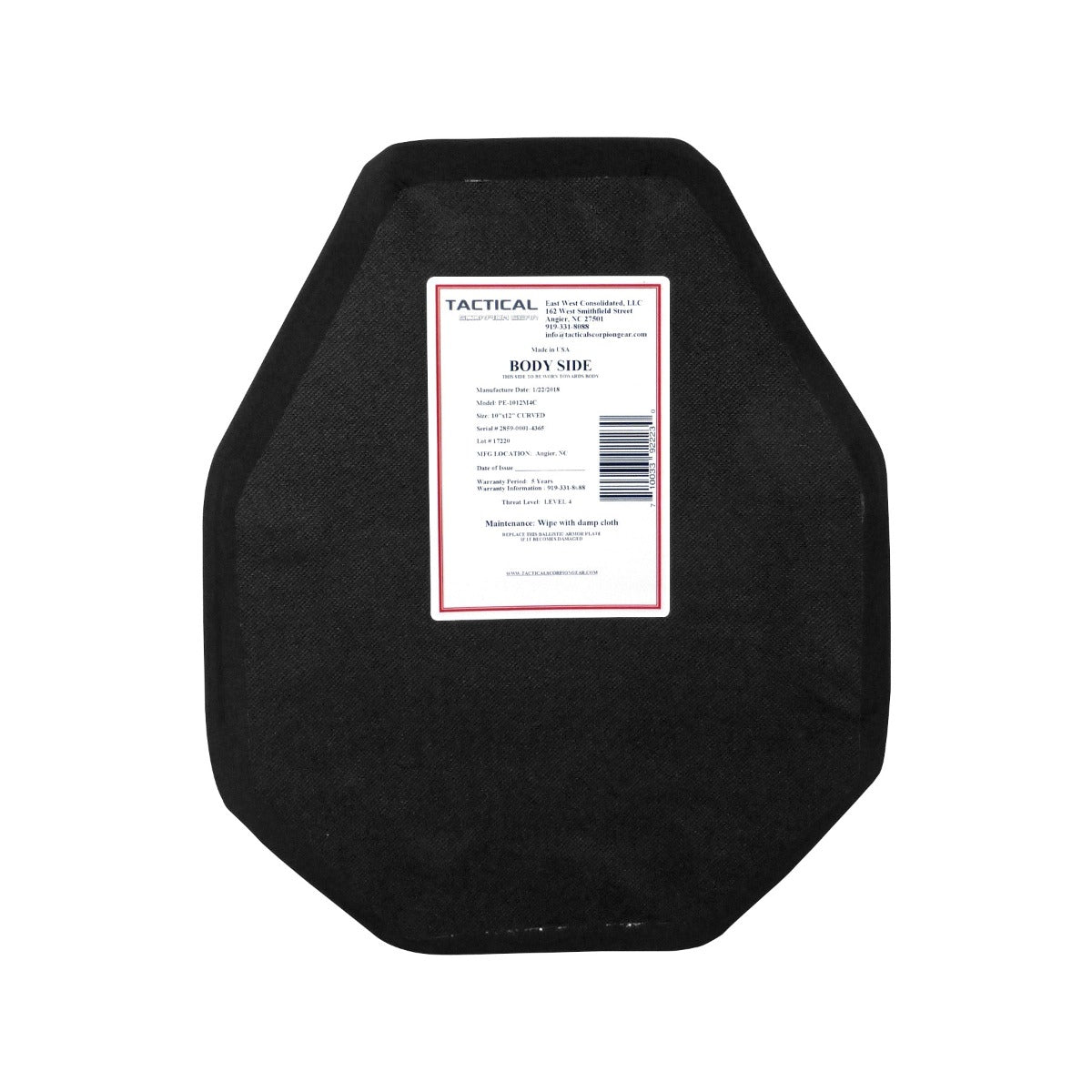Tactical Scorpion Gear - Level IV Polyethylene Curve Body Armor 10x12 Modified