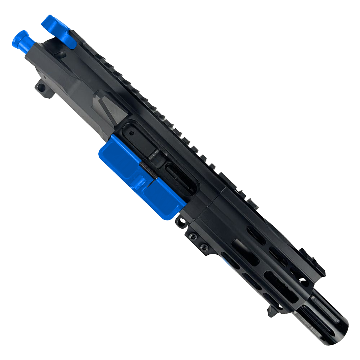 AR 9mm Two-Tone Billet Pistol Upper Assembly 4" Barrel Custom MLOK Handguard Complete w/ Charging Handle - Black and Flame Blue
