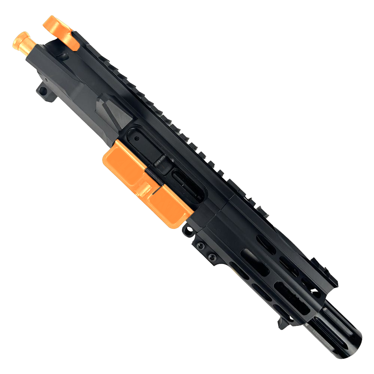 AR 9mm Two-Tone Billet Pistol Upper Assembly 4" Barrel Custom MLOK Handguard Complete w/ Charging Handle - Black and Tequila Sunrise Orange